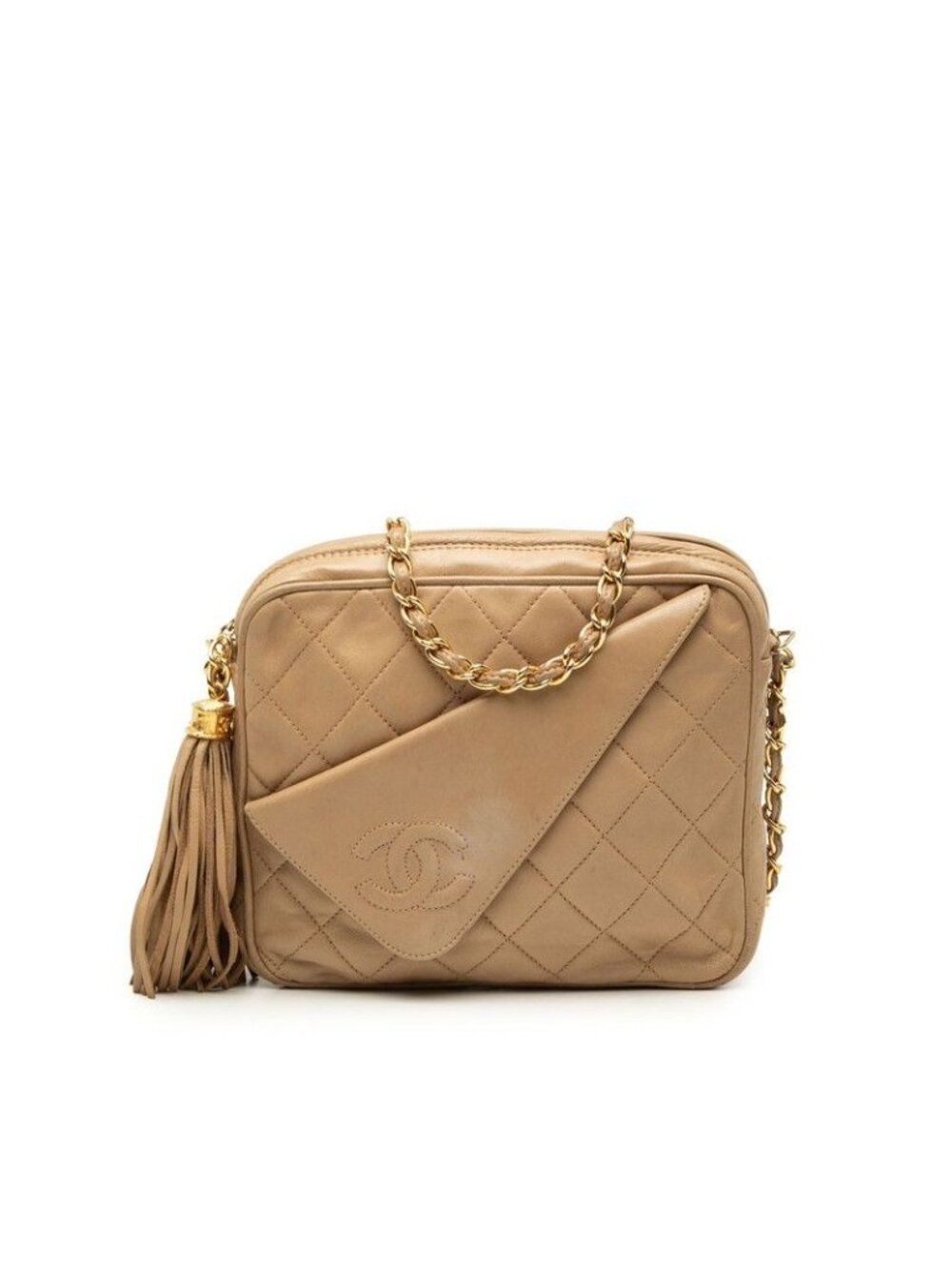 Chanel Quilted CC Logo Fringe Chain Shoulder Bag Crossbody Beige Lambskin